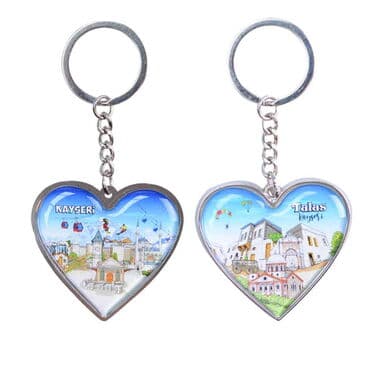 Kayseri Themed Metal Heart Keychain 40x90 mm
