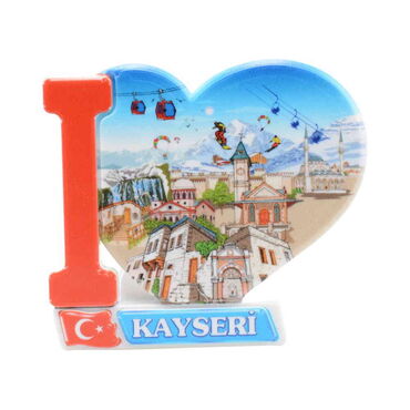 Myros - Kayseri Themed Customised UV Printed Plastic Base Heart Shaped Fridge Magnet 86x62 mm