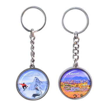 Kayseri Themed Metal Double Face Round Keychain 40x95 mm - Thumbnail