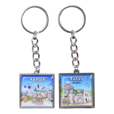 Kayseri Themed Metal Square Shaped Double Face Keychain 36x95 mm - Thumbnail