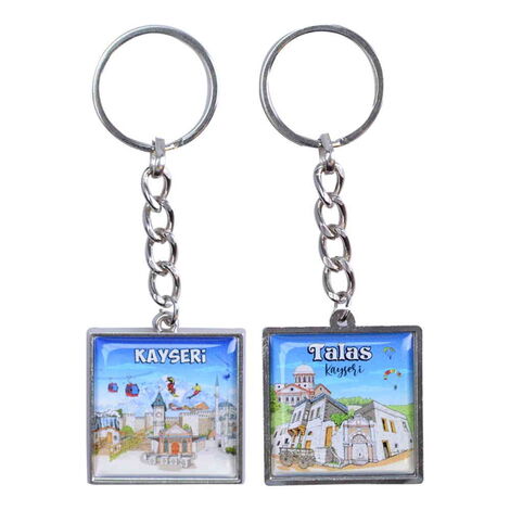 Kayseri Themed Metal Square Shaped Double Face Keychain 36x95 mm