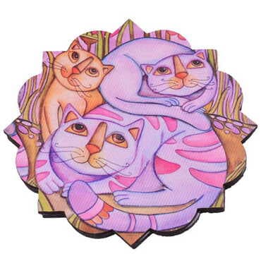 Toptan Kedi Temalı Ahşap İkili Resimli Bardak Altlığı 90 mm - 8