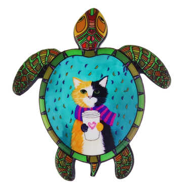 Kedi Temalı Uv Baskılı Kaplumbağa Şekilli Magnet 80x74 mm - Myros
