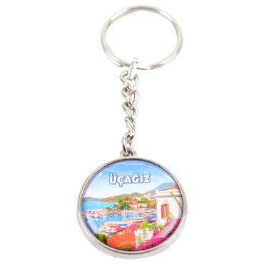 Kekova Themed Metal Double Face Round Keychain 40x95 mm - Thumbnail