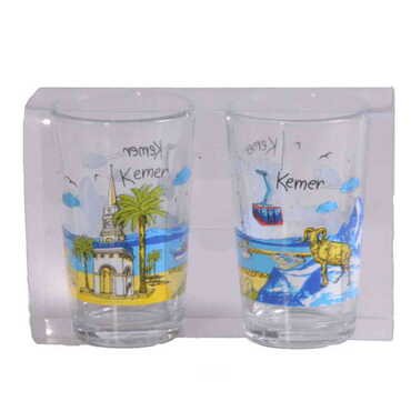 Myros - Kemer Themed Custom Printed Turkish Coffee Water Glass of 2 pcs