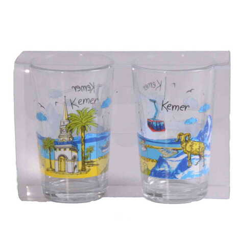 Kemer Themed Custom Printed Turkish Coffee Water Glass of 2 pcs