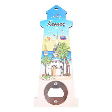 Kemer Themed Lighthouse Shaped Printed MDF Wooden Bottle Opener 188x77 mm - Myros