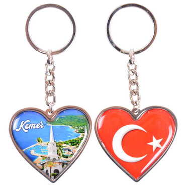 Kemer Themed Metal Heart ShapedDouble Face Keychain 45x90 mm - Thumbnail