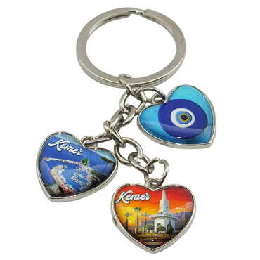 Myros - Kemer Themed Metal Keychain With 3 Charms - Heart 40x85 mm