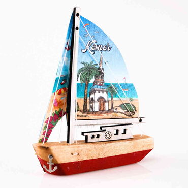 Kemer Themed Sailboat Wooden Magnet - Thumbnail