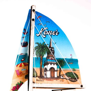 Kemer Themed Sailboat Wooden Magnet - Thumbnail