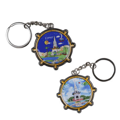 Kemer Themed Ship Wheel Shaped Metal Keychain - 2