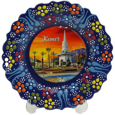 Kemer Themed Turkish Ceramic Plate With Epoxy 12 Cm - Thumbnail