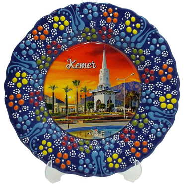 Kemer Themed Turkish Ceramic Plate With Epoxy 18 Cm - Thumbnail