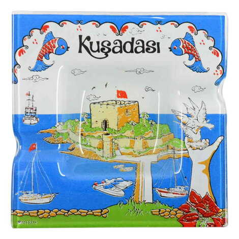 Toptan Kuşadası Temalı Dekorlu Cam Küllük 100X100 mm - 6