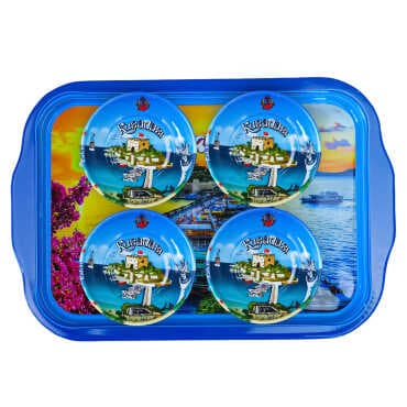 Kuşadası Themed Large Metal Tray with Four Bowl Set