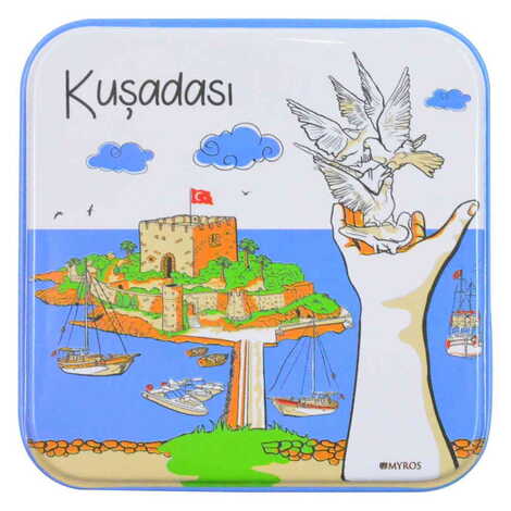 Toptan Kuşadası Temalı Myros Kare Metal Kutu 75x75x35 mm