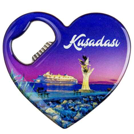 Kuşadası Temalı Myros Metal Kalp Açacak Magnet 85x76 mm - 1