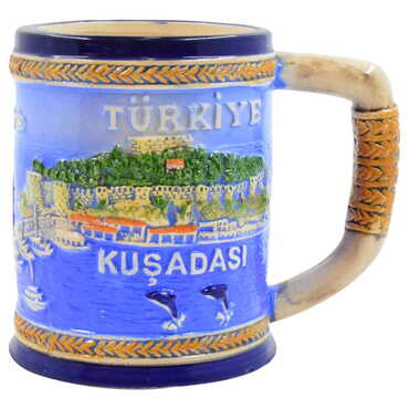 Kusadasi Themed Blue Ceramic Mug - Thumbnail