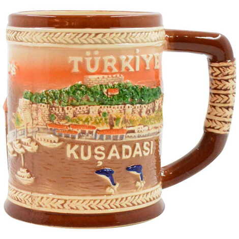 Kusadasi Themed Brown Ceramic Mug