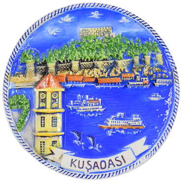 Myros - Kusadasi Themed Ceramic Blue Plate 10 Cm