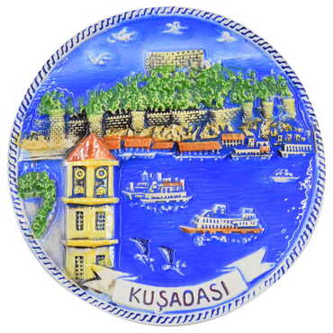 Myros - Kusadasi Themed Ceramic Blue Plate 15 Cm