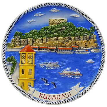 Myros - Kusadasi Themed Ceramic Blue Plate 20 Cm