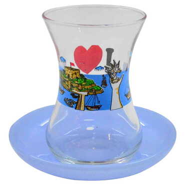 Kusadasi Themed Custom Printed Turkish Tea Glass Set Of 2 Pcs - Thumbnail