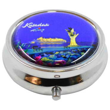 Kusadasi Themed Customised Epoxy Round Pill Box 50x15 mm - Thumbnail