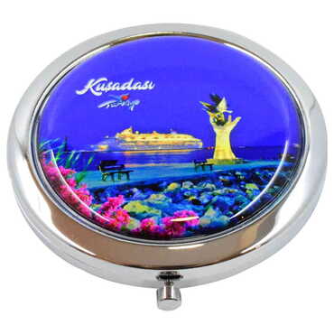 Kusadasi Themed Customised Metal Epoxy Travel Make Up Compact Mirror 70x11 mm - Thumbnail