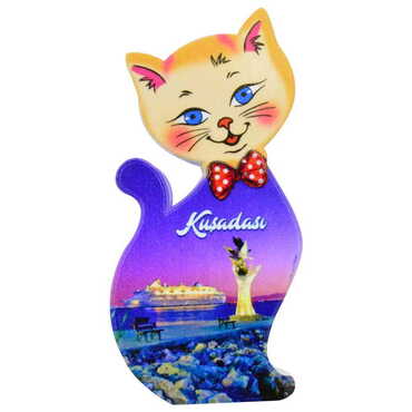 Kusadasi Themed Customised UV Printed Plastic Base Cat Shaped Fridge Magnet 43x87 mm - Thumbnail