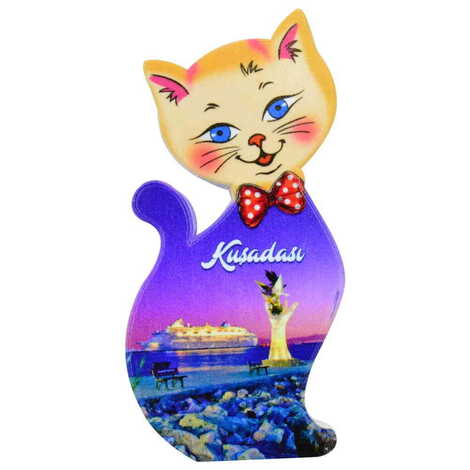 Kusadasi Themed Customised UV Printed Plastic Base Cat Shaped Fridge Magnet 43x87 mm