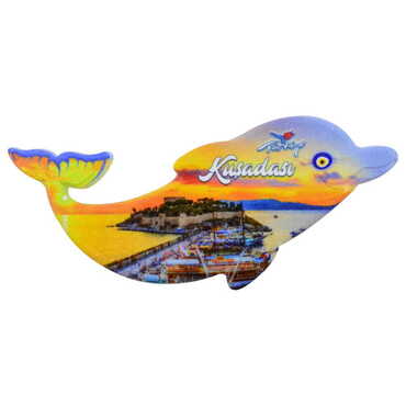 Kusadasi Themed Customised UV Printed Plastic Base Dolphin Shaped Fridge Magnet 110x50 mm - Thumbnail