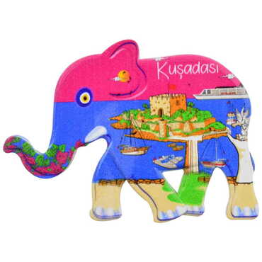 Myros - Kusadasi Themed Customised UV Printed Plastic Base Elephant Shaped Fridge Magnet 86x62 mm