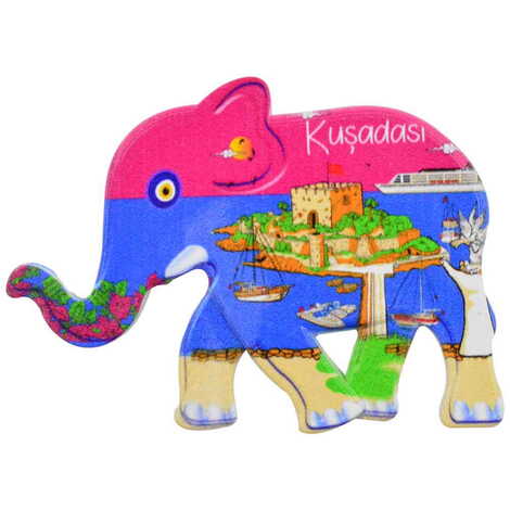 Kusadasi Themed Customised UV Printed Plastic Base Elephant Shaped Fridge Magnet 86x62 mm