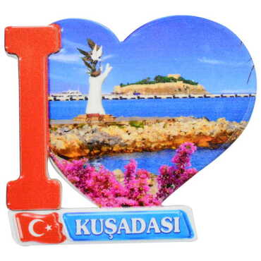 Myros - Kusadasi Themed Customised UV Printed Plastic Base Heart Shaped Fridge Magnet 86x62 mm