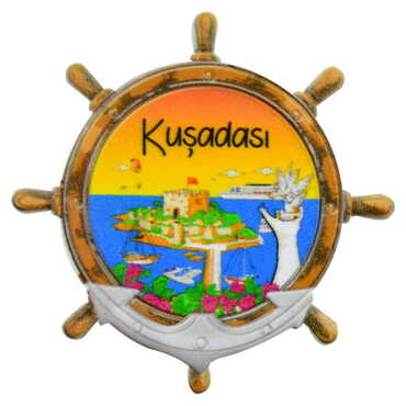 Myros - Kusadasi Themed Customised UV Printed Plastic Base Marin Rudder Shaped Fridge Magnet 82x82 mm