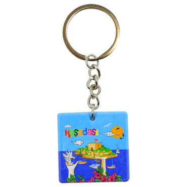 Kusadasi Themed Customised Uv Printed Plastic Base Round Keyring 40x108 mm - Thumbnail