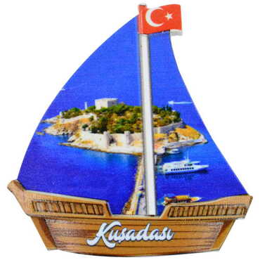 Myros - Kusadasi Themed Customised UV Printed Plastic Base Sail Ship Shaped Fridge Magnet 77x80 mm