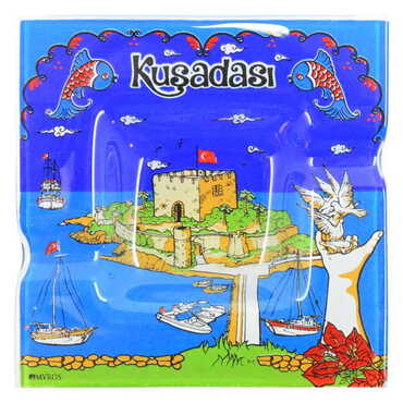 Kusadasi Themed Decorated Glass Ashtray 100X100 Mm - Thumbnail