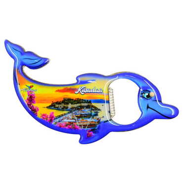 Kusadasi Themed Dolphin Shaped Metal Magnetic Bottle Opener 102x67 mm - Thumbnail