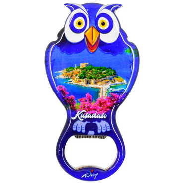 Kusadasi Themed Owl Shaped Metal Magnetic Bottle Opener 88x47 mm - Thumbnail