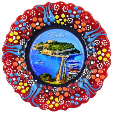 Kusadasi Themed Turkish Ceramic Plate With Epoxy 12 Cm - Thumbnail