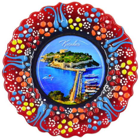 Kusadasi Themed Turkish Ceramic Plate With Epoxy 12 Cm