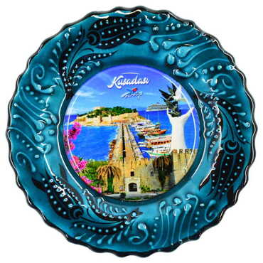 Kusadasi Themed Turkish Ceramic Plate With Epoxy 18 Cm - Thumbnail