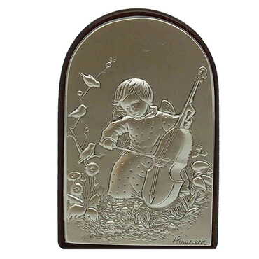 Myros - Little Girl Playing Cello Figure With Bi-Laminated Silver Plaque And Wooden Back Desktop Decor 40x60 mm