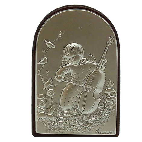 Little Girl Playing Cello Figure With Bi-Laminated Silver Plaque And Wooden Back Desktop Decor 40x60 mm