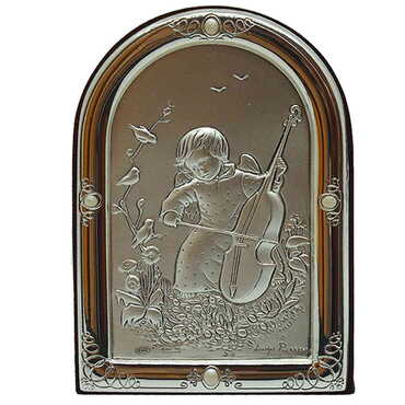 Myros - Little Girl Playing Cello Figure With Bi-Laminated Silver Plaque And Wooden Back Desktop Decor 62x80 mm