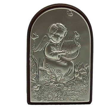 Myros - Little Girl Playing Harp Figure With Bi-Laminated Silver Plaque And Wooden Back Desktop Decor 40x60 mm