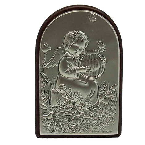 Little Girl Playing Harp Figure With Bi-Laminated Silver Plaque And Wooden Back Desktop Decor 40x60 mm